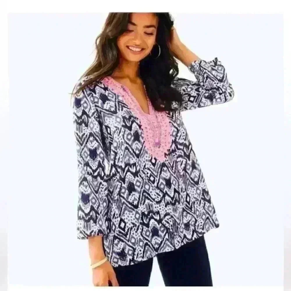 Lilly Pulitzer Oh My Cod Silk Renato Bead Dinner Tunic Top Shirt Blouse XS NWOT